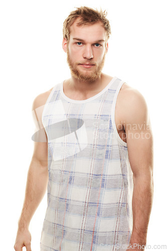 Image of Man, portrait and confidence or fashion in studio with casual style, trendy outfit and calm expression. Person, face or relaxing, vest and satisfaction with peace, muscle or pride on white background