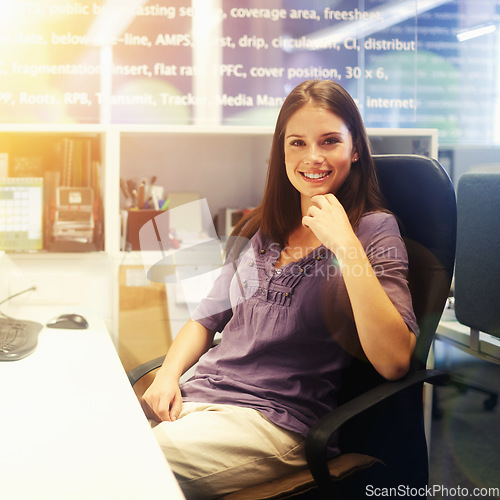 Image of Happy woman, worker and lens flare in a office with employee and business consultant in a workplace. Desk, working and female professional at a company with staff and entrepreneur with smile at job