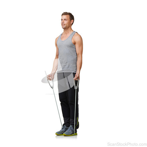 Image of Health, man and resistance band to workout in studio, gym and weight training for strong muscles. Sports person, exercise or commitment in stretching equipment in mockup or cardio on white background