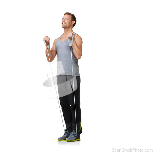 Image of Stretching, man and resistance band to workout in studio, gym and bicep training to strong or muscle sculpt. Sports person, smile and exercise for commitment in mockup and fitness on white background