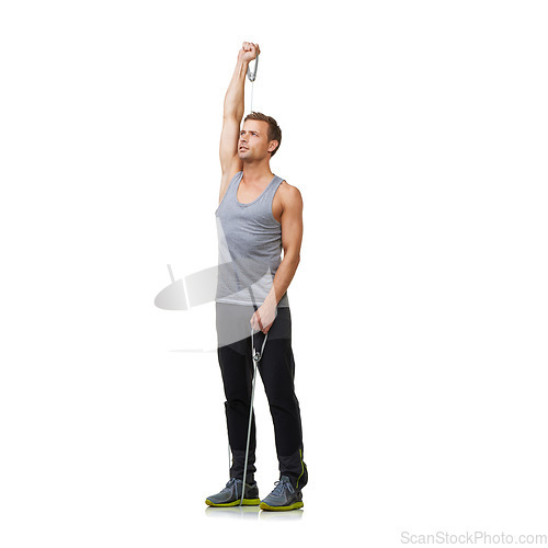 Image of Fitness, strong and man by resistance band in studio, gym and bicep arm training for workout. Person, exercise and muscle growth with sportswear in mockup, health and stretching on white background