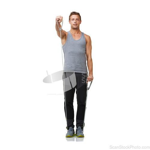Image of Strong, man and portrait by resistance band in studio, gym and fitness exercise for bicep training. Person, face and workout for commitment by gym equipment, mockup and cardio by white background