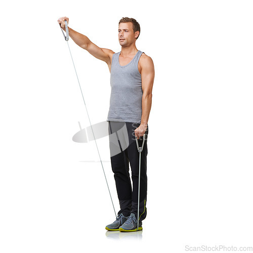 Image of Fitness, person and resistance band to workout in studio, gym and bicep training for strong muscles. Sport, man and exercise for commitment in gym equipment and mockup for cardio by white background