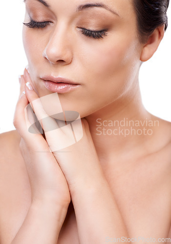 Image of Makeup, beauty and woman in studio for cosmetic care, wellness and shine closeup. Makeover, face and calm female model with glow, dermatology or soothing skin treatment, pamper and soft glam results