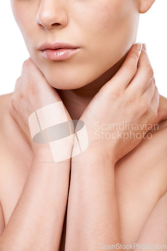 Image of Woman, hands and skincare for cosmetics, beauty or makeup isolated against a white studio background. Closeup of female person, shoulder or skin in care for dermatology, hygiene or spa treatment