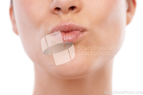 Image of Woman, lips and pout in skincare for cosmetics, beauty or makeup against a white studio background. Closeup of female person or model mouth gloss in care for dermatology, hygiene or spa treatment