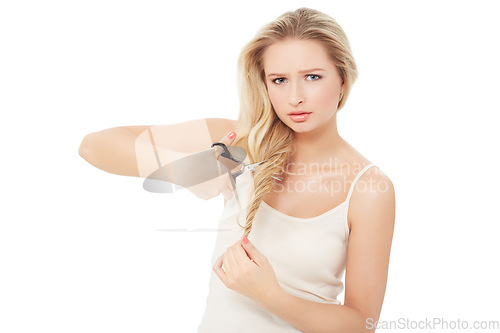 Image of Scissors, woman and portrait of hair care choice and decision with doubt and confused in studio. Cosmetics, diy and female person with haircut for split ends with treatment and white background