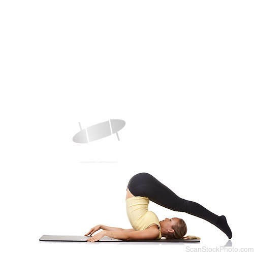 Image of Woman, pilates and mat in studio for stretching, fitness or workout for healthy body, wellness or core muscle. Person, exercise or yoga on floor for abdomen health on mockup space or white background