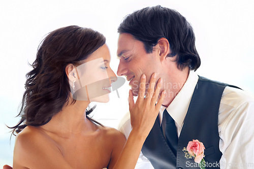 Image of Couple, touching and wedding day with happiness, ceremony and commitment for husband and wife with love and trust. Promise, marriage and reception with bride, groom or married in romantic union