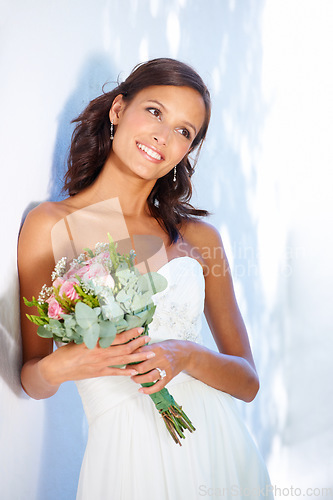 Image of Happy, wedding and young woman with flowers for luxury marriage ceremony, party or reception. Smile, love and beautiful bride from Mexico with makeup and floral bouquet for romantic celebration.