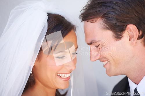 Image of Marriage couple, excited and love for wedding commitment, promise and celebration together for union. Bride, groom and life partner, smile and ceremony event in romantic bond and care with loyalty