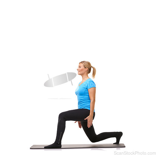 Image of Workout, health and lunge with woman in studio for gym, exercise or wellness. Training, fitness and self care with female person on floor of white background for pilates, body and mockup space