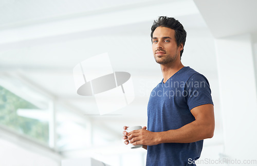 Image of Man, portrait and coffee for morning drink home for breakfast beverage, relax weekend or holiday vacation. Male person, face and mug for hot caffeine or latte cappuccino, wellness or tea happiness