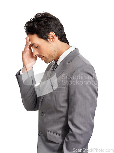 Image of Business man, pain and headache in studio for burnout, stress and risk of bankruptcy on white background. Profile, tired and frustrated worker with vertigo, corporate crisis and challenge of mistake