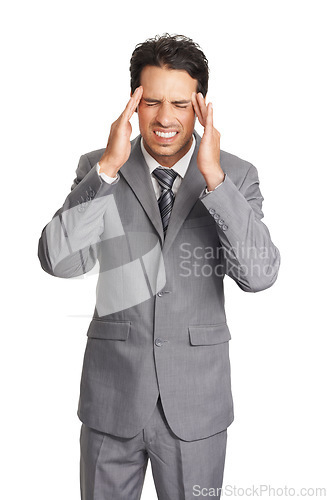 Image of Stress, headache and business man in studio for mistake, disaster or crisis on white background. Anxiety, face or guy entrepreneur with temple massage for vertigo, tension or overwhelmed by brain fog