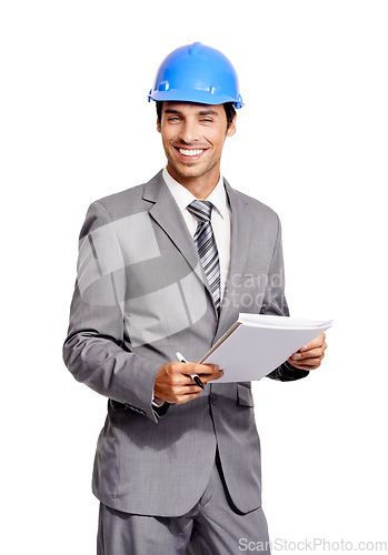 Image of Construction, man and portrait with documents in studio for project management, planning information and engineering on white background. Happy contractor, inspector and paperwork for architecture