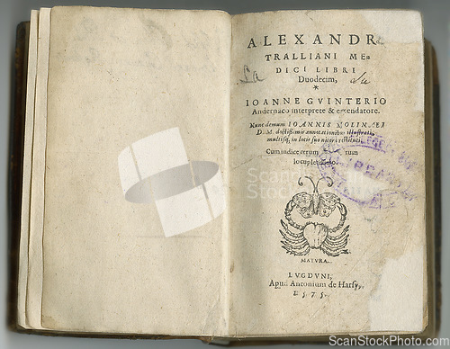 Image of Old book, paper and chapter on page with drawing of antique or vintage symbol with knowledge in latin. Archive, picture and script on parchment with notes, information and study of language