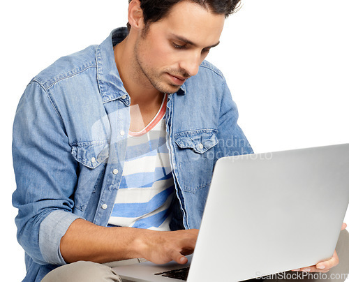 Image of Man, internet and connection on laptop, typing and networking by white background. Male person, subscription and website in studio, online research and shopping or technology for planning or blog