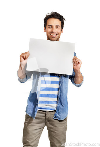 Image of Man, poster mockup and portrait or presentation board in studio for promotion, information or white background. Male person, face and placard signage for advertising, recommendation or suggestion