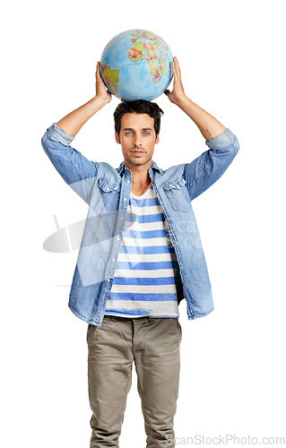 Image of Serious, globe and portrait of man in a studio for world, planet or geography map for planning. Earth, young and male person from Canada with global sphere on his head isolated by white background.