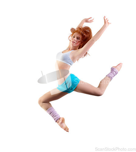 Image of Woman, dancer and jump or portrait for sports creative, .expression exercise, white background as mockup space. Female person, aerobics and workout gymnastics or fit leap practice, moving or training