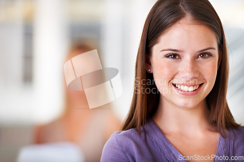 Image of Portrait, happy and young business woman in her office for the start of career with an internship. Face, company and smile with a confident professional employee closeup in a design agency workplace