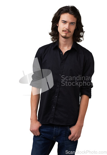 Image of Fashion clothes, portrait and studio man with semi casual outfit, style or confident in apparel, denim jeans and dress shirt. Relax, satisfaction and stylish male model isolated on white background