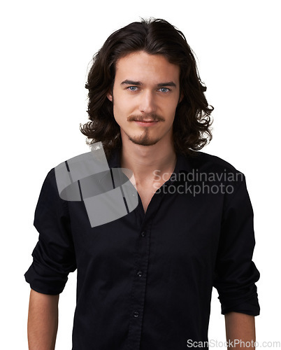 Image of Fashion portrait, shirt and studio man with semi formal outfit, style or confident pride in apparel, relax attire and stare. Clothes, smile and stylish male model with long hair on white background