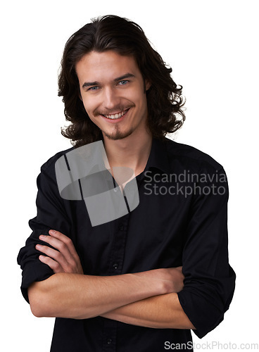 Image of Fashion portrait, arms crossed and happy man with studio semi formal outfit, style or confident pride in cotton dress shirt. Clothes, happiness or stylish model smile for elegance on white background