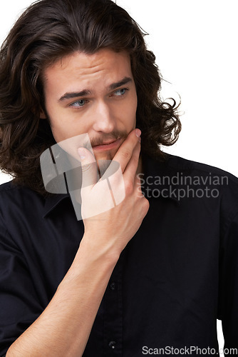 Image of Fashion, studio man and face thinking, brainstorming or problem solving outfit, style choice or dress shirt decision. Planning clothes idea, stylish apparel and fashionable model on white background