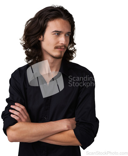 Image of Fashion, arms crossed and man think of studio semi formal outfit, style choice or decision for cotton dress shirt. Planning clothes idea, stylish apparel and fashionable model on white background