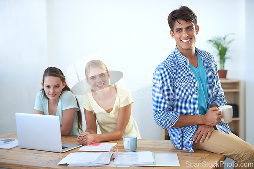 Image of Portrait, meeting and laptop with documents, teamwork and planning creative strategy with workers or smile. Man, women and tech for email, work or project for conversation, workplace or professional