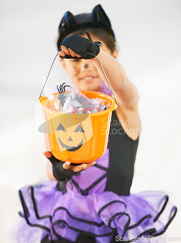 Image of Child, halloween and candy bucket for holiday fun or kid development, cat costume on white background. Young girl, smile and sweets in pumpkin as trick or treat or dress up youth, play or celebration