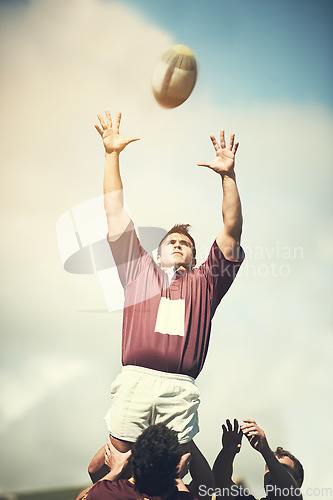 Image of Rugby, sports and ball with man on field for training, health and stadium practice. Challenge, competition and athlete performance with male person in outdoor pitch for exercise, games and workout