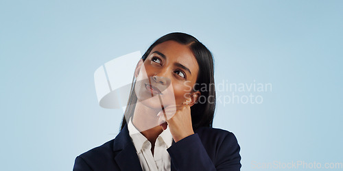 Image of Thinking, studio or businesswoman on blue background for problem solving, vision or solution. Idea, doubt or decision with a female attorney or lawyer contemplating a thought, choice or legal option