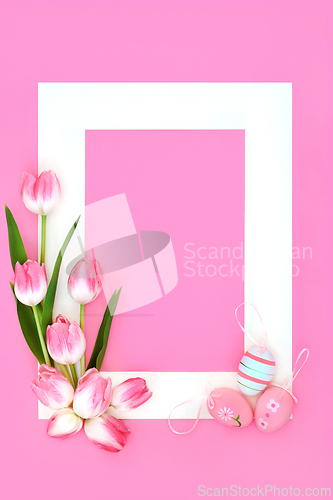 Image of Happy Easter Background with Tulips and Eggs