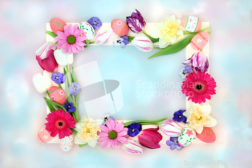 Image of Easter Background Composition with Eggs and Flowers