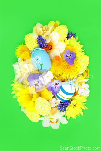 Image of Easter Egg Concept Shape with Decorated Eggs and Flowers