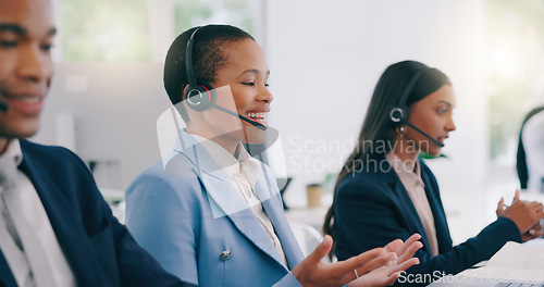 Image of Call center, telemarketing or customer service agents consulting for crm with headset in office. Contact us, communication and consultants working on online sales and technical support in workplace.