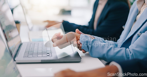 Image of Business people, closeup and woman with wrist pain in office from laptop, strain or problem. Hands, injury and female manager online with carpal tunnel, arthritis and fibromyalgia or osteoporosis