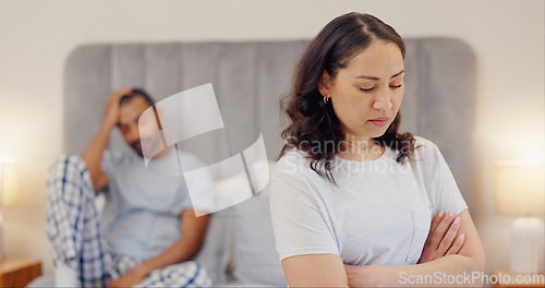 Image of Frustrated couple, bed and fight in conflict, disagreement or argument for divorce or breakup at home. Man and woman ignore in cheating affair, toxic relationship or mistake for drama in bedroom