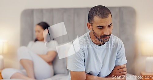Image of Frustrated couple, bed and breakup in fight, conflict or disagreement from argument or divorce at home. Man and woman ignore in cheating affair, toxic relationship or mistake for drama in bedroom