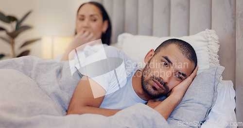Image of Frustrated couple, bed and divorce in argument, disagreement or breakup from fight or conflict at home. Man and woman ignore in cheating affair, toxic relationship or mistake for drama in bedroom