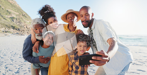 Image of Selfie, hug and happy family at a beach for travel, fun or adventure in nature together. Love, profile picture and African kids with parents and grandparents at the sea for summer, vacation or trip