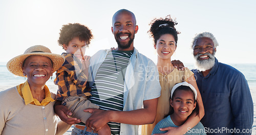 Image of Portrait, beach and family with vacation, summer and smile with weekend break, getaway trip and sunshine. Love, grandparents and mother with father, children and seaside with kids, holiday and water