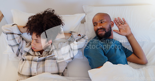 Image of Frustrated couple, bed and ignore in divorce, argument or disagreement for breakup, fight or conflict at home. Man and woman in cheating affair, toxic relationship or mistake for drama in bedroom