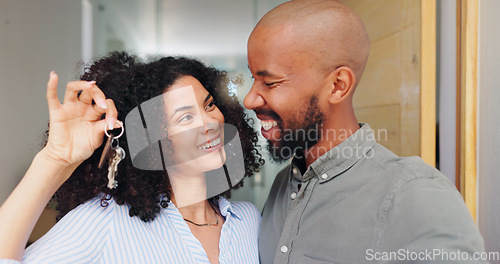 Image of African couple, smile and keys at new home, front door and excited with pride, care and bonding. Man, woman and happy together with thinking, love and investment with property, real estate and house