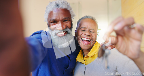 Image of Senior couple, selfie and keys at front door, new home or excited with pride, care or moving. African woman, man and happy together for portrait, love or investment in property, real estate or house