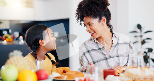 Image of Happy, breakfast and mother eating with kid in dining room at modern home together for bonding. Smile, love and young mom enjoying healthy morning food and juice with girl child at family house.