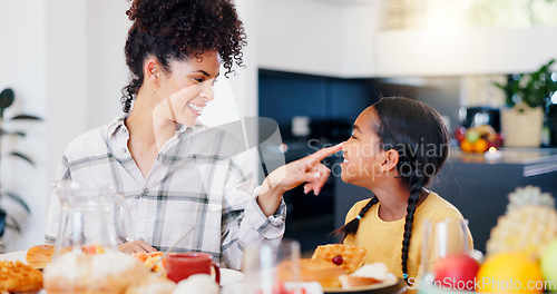 Image of Smile, breakfast and mother eating with child in dining room at modern home together for bonding. Happy, love and young mom enjoying healthy morning food and juice with girl kid at family house.